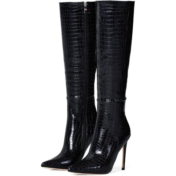 Shoes - Women's Black Leather Suede Knee High Stiletto Tall Pointed Toe Stylish Boot